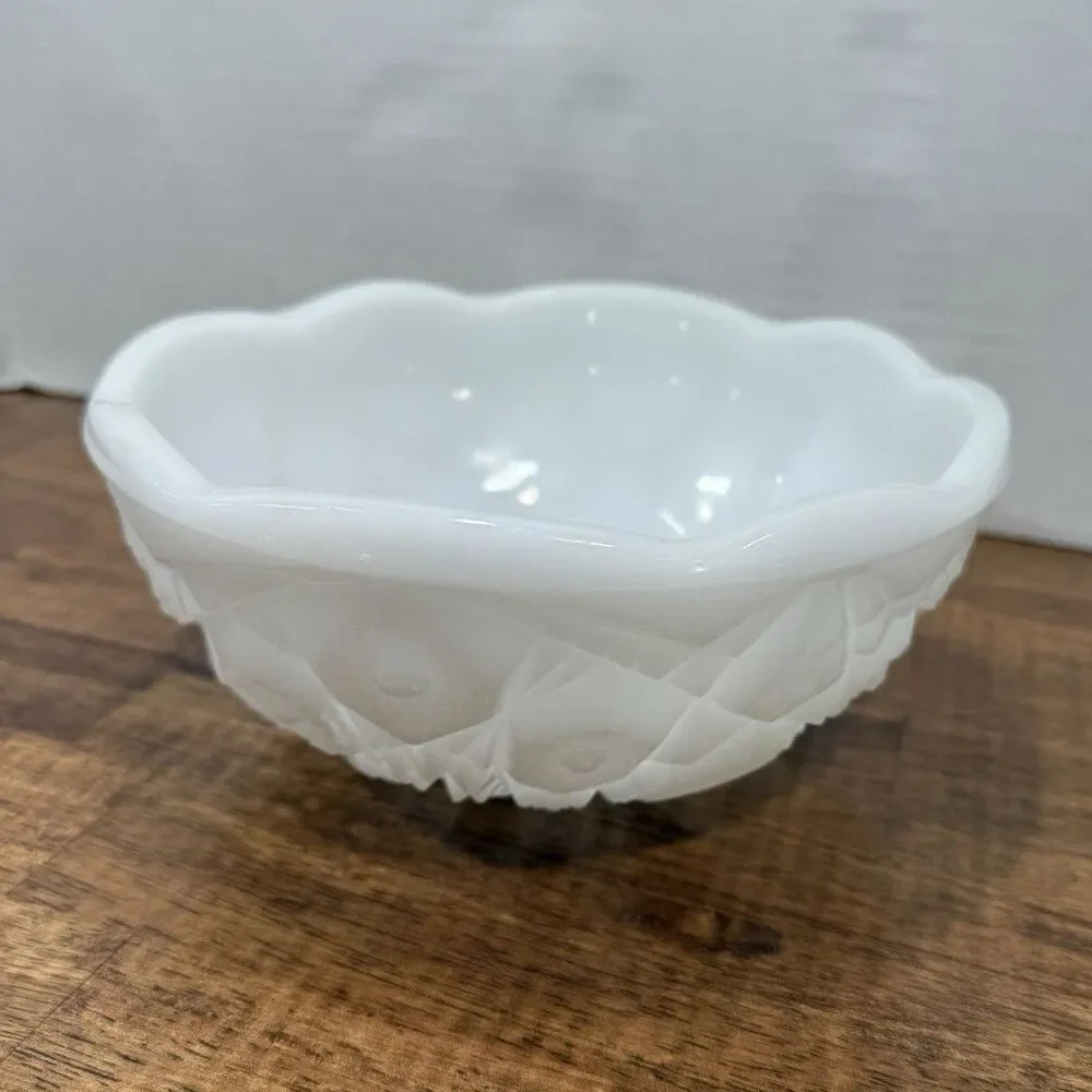 White Milk Glass Pressed Quilt Pattern Round Bowl, Scalloped Rim, Glossy
